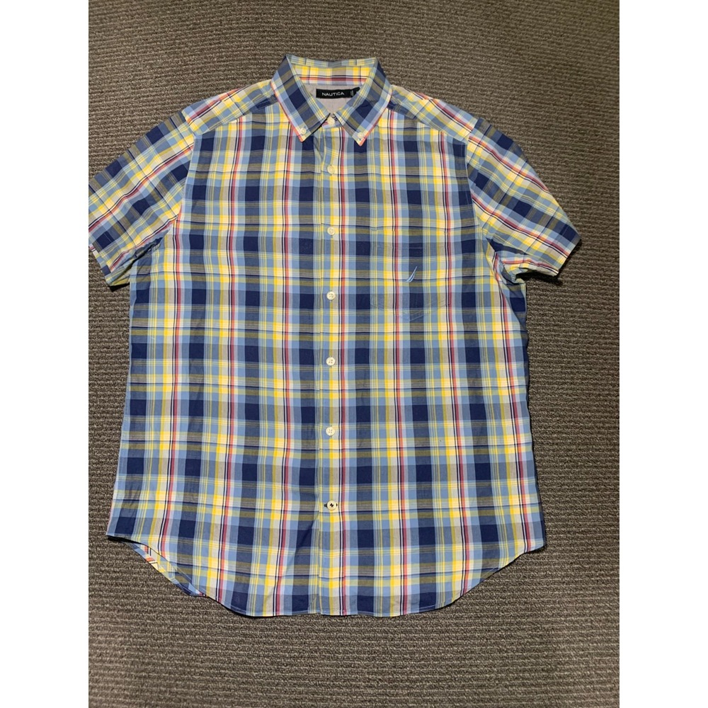 Nautica Mens Classic Fit Button Down Shirt Blue Yellow Plaid W25227 Size M